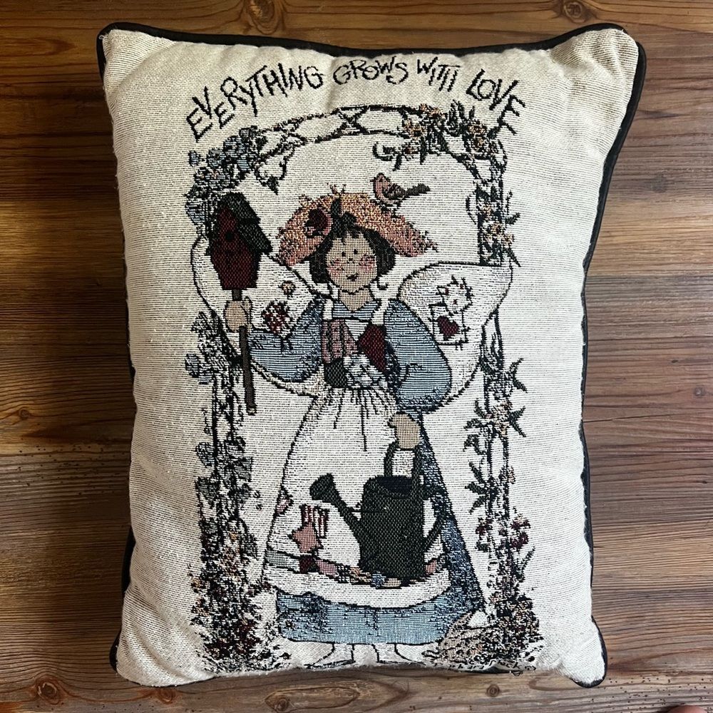 Barbara Mock Vintage Everything Grows With Love Gardener Angel Tapestry Pillow